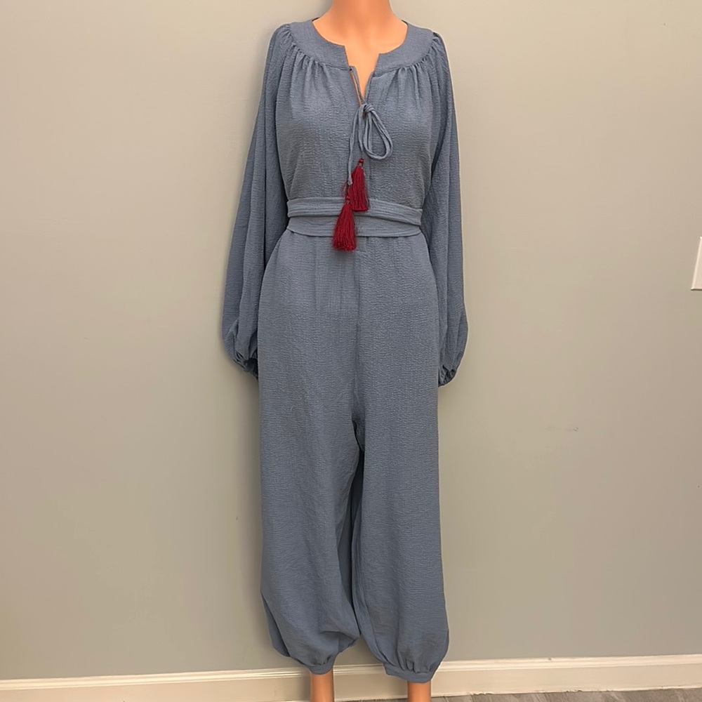 Blue Long Sleeve Jumpsuit with Red Tassels
